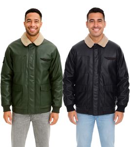 Veste pilote homme en simili cuir, veste d'extérieur élégante avec col en peluche, vert olive ou noir
