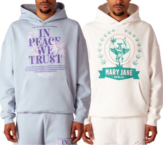 Sudadera con capucha para hombre de MARY JANE BERLIN con logotipo o letras estampadas. Sudadera de algodón de moda 2406-4-SW. Blanco o azul claro.