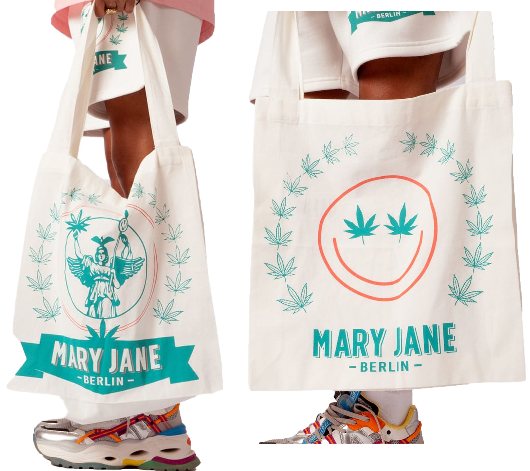 MARY JANE BERLIN Bag Einkaufs-Tasche aus Baumwolle Stoff-Beutel mit Smiley oder Statuen-Print 2406-4-BG Weiß