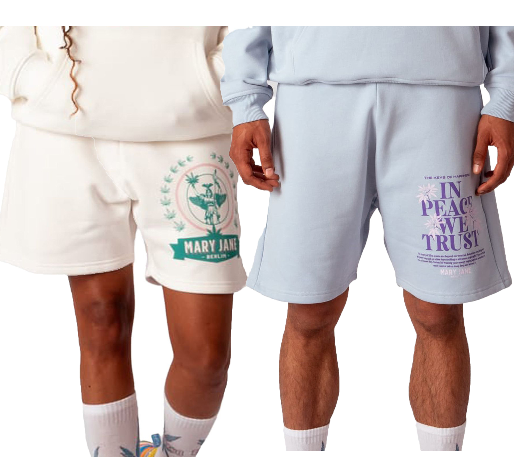 MARY JANE BERLIN Herren Sweat-Shorts mit “IN PEACE WE TRUST” oder Logo Print Sommer-Hose Baumwoll-Shorts 2406-4-SH Hell-Blau oder Weiß