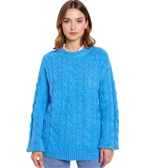 Damen Oversize-Pullover weit geschnittener Winter-Pullover mit Zopfstrickmuster 962801 Blau