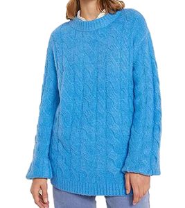 Damen Oversize-Pullover weit geschnittener Winter-Pullover mit Zopfstrickmuster 962801 Blau