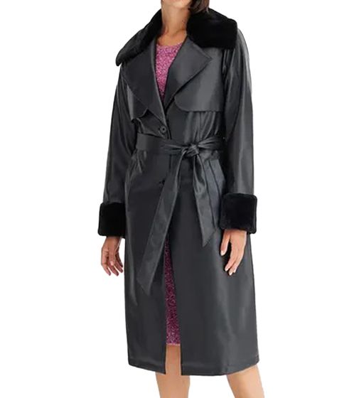 Damen Mantel mit Kunstfell-Kragen Kunstleder-Jacke mit Gürtel 957801 Schwarz