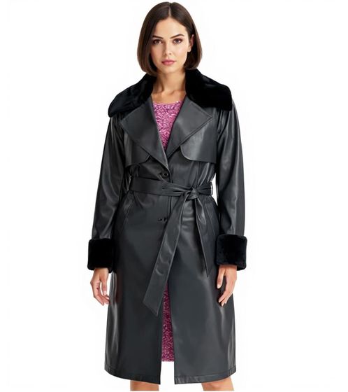 Damen Mantel mit Kunstfell-Kragen Kunstleder-Jacke mit Gürtel 957801 Schwarz