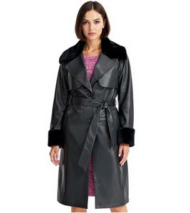 Damen Mantel mit Kunstfell-Kragen Kunstleder-Jacke mit Gürtel 957801 Schwarz Damen Mantel mit Kunstfell-Kragen Kunstleder-Jacke mit Gürtel 957801 Schwarz