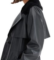 Women's Coat with Faux Fur Collar, Faux Leather Jacket with Belt, 957801 Black
