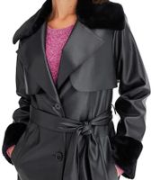 Women's Coat with Faux Fur Collar, Faux Leather Jacket with Belt, 957801 Black