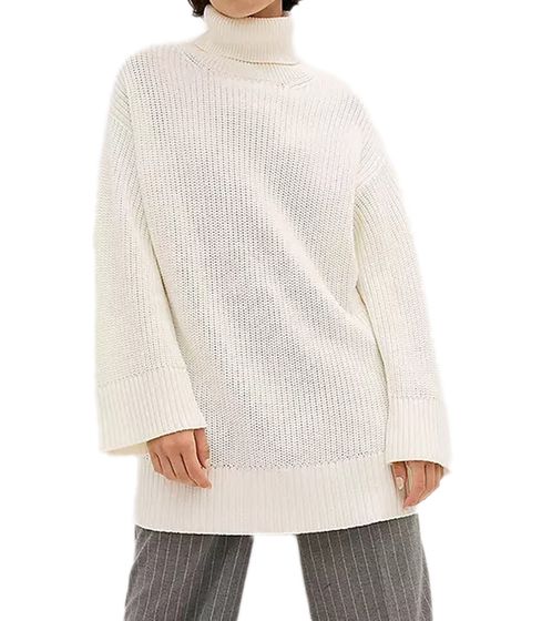 Damen Rollkragen-Pullover mit seitlichen Schlitzen Oversized Strick-Pullover 965990 Creme-Weiß