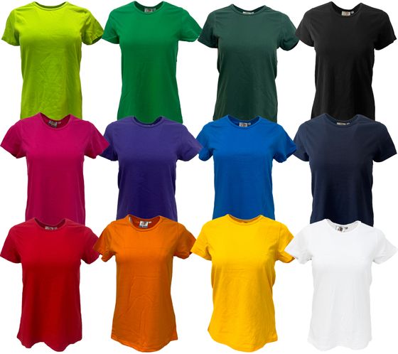T-shirt da donna WORXWEAR alla moda, girocollo, con maniche corte da 180 g/m², disponibile in blu, nero, bianco, giallo, arancione, verde, viola, rosa, rosso
