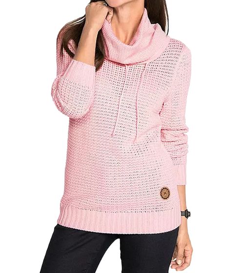 Women's Knitted Turtleneck Sweater with Drawstring in Cable Knit Cotton Sweater Casual Sweater 962955 Pink