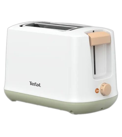 Tostadora de desayuno Tefal Cocoon de doble ranura (720-850 W) con 7 niveles de tostado. Modelo TT165010. Color blanco/menta/crudo.