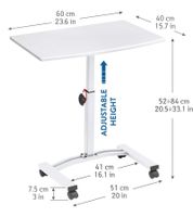Table pour ordinateur portable Tatkraft Einstein, table de travail réglable en hauteur, support pliable pour ordinateur portable, roulettes pivotantes à 360 degrés, table de chevet, 40 x 60 cm, 10345 Blanc