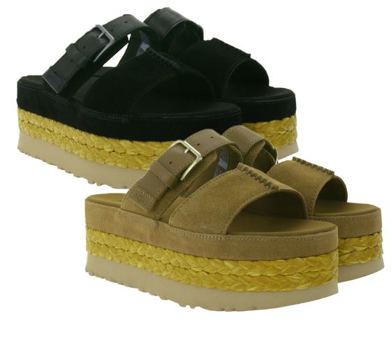 UGG Australia Aubrey Slide Damen Echtleder-Schlappen Plateau Pantoletten Sommer-Schuhe mit EVA-Sohle W/1167451 Schwarz oder Braun