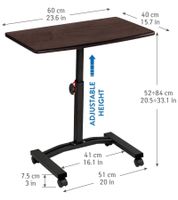 Tatkraft Salute Table pour ordinateur portable, table de travail réglable en hauteur avec plateau pour souris, roulettes pivotantes à 360 degrés, table de chevet, 60x40cm, 13353 Marron