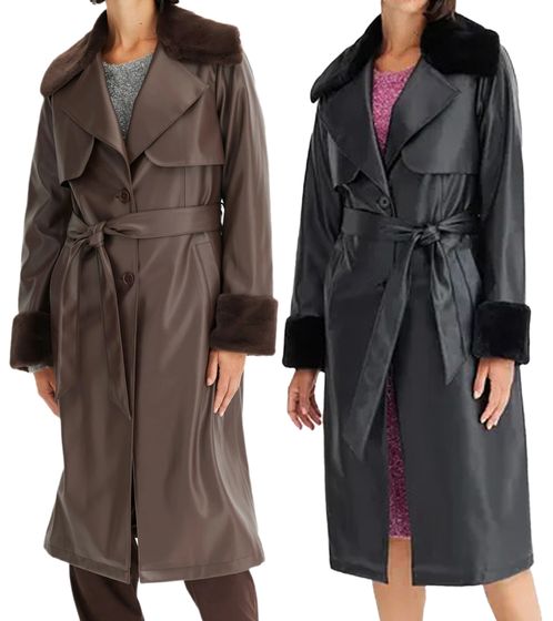 Damen Lederimitat-Mantel mit Teddyfell Kragen Kunstlammfell-Jacke Frühlings-Mantel 914589 Braun oder 957801 Schwarz