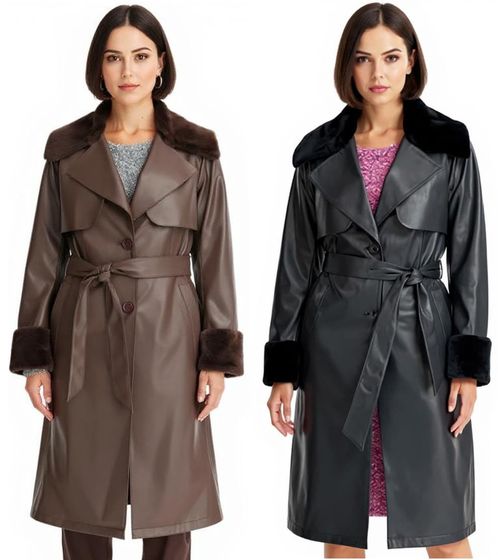 Damen Lederimitat-Mantel mit Teddyfell Kragen Kunstlammfell-Jacke Frühlings-Mantel 914589 Braun oder 957801 Schwarz