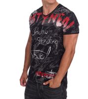 T-shirt da uomo con elaborato motivo di strass, in cotone, girocollo R-15162, nero/rosso