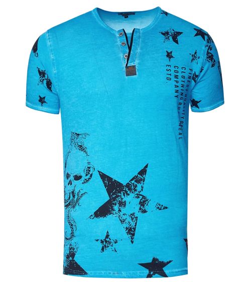 Men's T-Shirt with Skull Print and Button Placket, Cotton T-Shirt, Crew Neck, R-15290, Turquoise