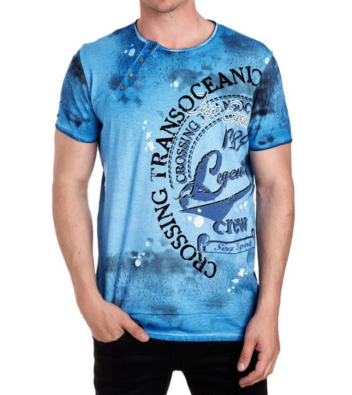 Men's T-shirt with striking front print, cotton shirt, round neck shirt R-15045 petrol blue