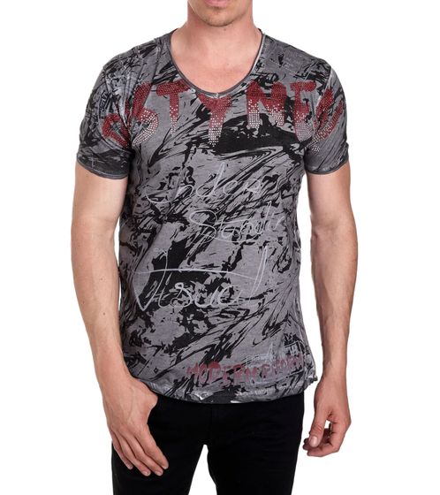Camiseta de hombre con elaborado diseño de pedrería Camisa de algodón Camisa de cuello redondo R-15162 Antracita