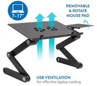 Mesa para portátil WonderWorker con altura ajustable, soporte plegable para tableta y mesa de cama con o sin 2 ventiladores USB, 42 x 27 cm / 45 x 28,5 cm (7-17"), color negro