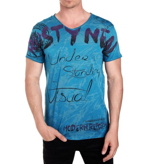 Men's T-Shirt with Elaborate Rhinestone Design, Cotton T-Shirt, Crew Neck, R-15162, Petrol Blue