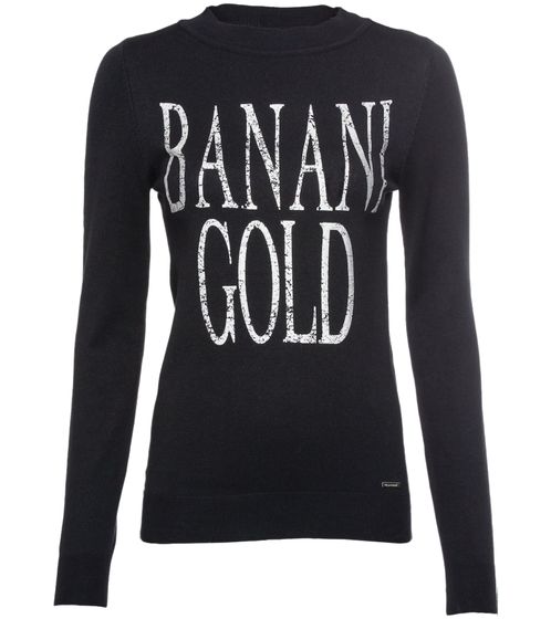 bruno banani Damen Rundhals-Pullover mit großem Frontprint Feinstrick-Sweater 67912760 Schwarz