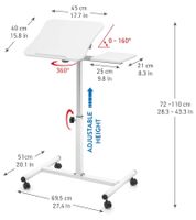 Tatkraft Laptop-Tisch höhenverstellbarer Arbeits-Tisch 360 Grad drehbare Räder Bett-Tisch Vanessa 40x45cm in Schwarz und Weiß oder Salute 60x40cm in Braun und Weiß