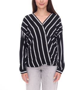 Chemisier portefeuille rayé AjC pour femme, chemisier d'été léger, chemisier décontracté avec patte de boutonnage, 29937205, noir/blanc Chemisier portefeuille rayé AjC pour femme, chemisier d'été léger, chemisier décontracté avec patte de boutonnage, 29937205, noir/blanc