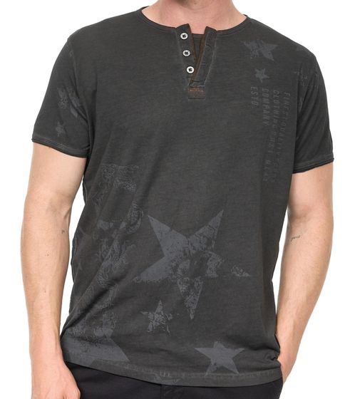 Herren T-Shirt mit Skull-Print und Knopfleiste Baumwoll-Shirt Rundhals-Shirt R-15290 Schwarz