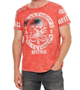 Camiseta de hombre con llamativo estampado frontal, camisa de algodón, cuello redondo R-15292 Rojo