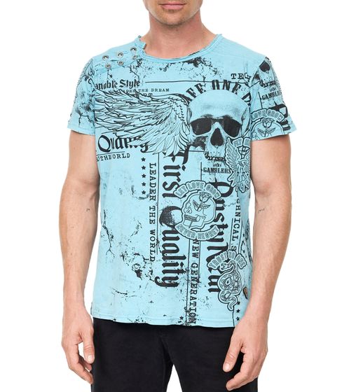Herren T-Shirt mit plakativem Frontprint Baumwoll-Shirt Rundhals-Shirt R-15296 Blau