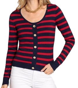DELMAO Damen Strick-Pullover mit Zierknopfleiste Alltags-Pullover Sweater 23147124 Rot/Dunkelblau