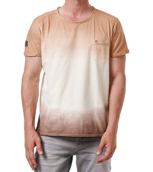Maglietta estiva da uomo in cotone sfumato, girocollo con taschino sul petto, R-15282, marrone/beige