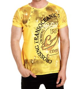 Herren T-Shirt mit plakativem Frontprint Baumwoll-Shirt Rundhals-Shirt R-15045 Gelb
