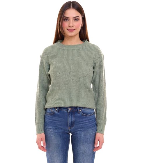 Tamaris Damen Strick-Pullover mit Zier-Knöpfen auf Schulter Rundhals-Sweater 74057903 Grün