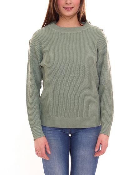 Tamaris Damen Strick-Pullover mit Zier-Knöpfen auf Schulter Rundhals-Sweater 74057903 Grün