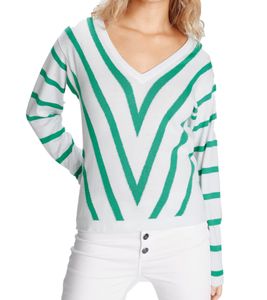 Maglione da donna AjC in maglia fine con scollo a V, leggero primaverile, 68170465 Bianco/Verde