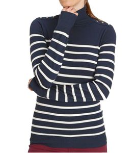 DELMAO Damen Pullover gestreiftes Langarm-Shirt mit Rollkragen und Knopfdetails 44965131 Navy/Weiß