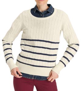 DELMAO Damen Strick-Pullover gestreifter Baumwoll-Pulli Zopfstrick 94622740 Wollweiß/Navy 