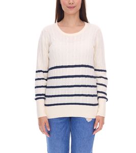 DELMAO Women's Knitted Sweater, Striped Cotton Sweater, Cable Knit, 94622740, Off-White/Navy