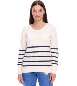 DELMAO Women's Knitted Sweater, Striped Cotton Sweater, Cable Knit, 94622740, Off-White/Navy DELMAO Women's Knitted Sweater, Striped Cotton Sweater, Cable Knit, 94622740, Off-White/Navy