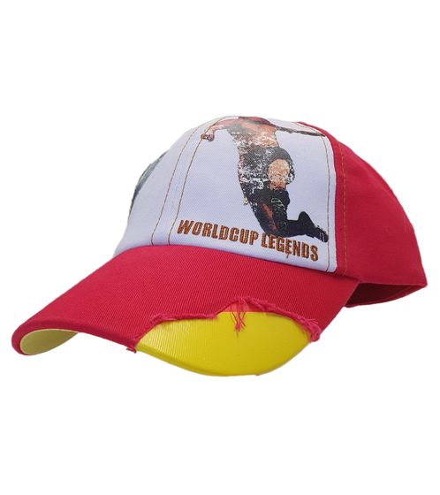 Cappellino da baseball unisex WORLDCUP LEGENDS con design spagnolo. Cappellino in cotone con stampa di un giocatore di football. Cappellino con visiera curva e stampa del numero 9. Look rovinato. TC110825RJA Rosso/Multicolore.