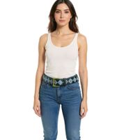 FALL OUT BOY Gürtel der Alternative-Rock-Band für Damen und Herren Einheitsgröße 100cm mit Rautenmuster, Prägung und Schriftzug Freizeit-Gürtel Schwarz/Grün/Blau