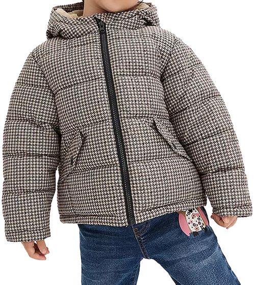 Giacca invernale per bambini e bambine, giacca da esterno sostenibile con cappuccio, motivo a quadri, giacca da neve 938001, nero