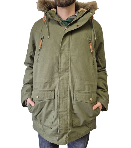 Men's Parka with Fur Hood, Long Jacket in Military Look, Cotton Jacket 940163, Khaki-Green