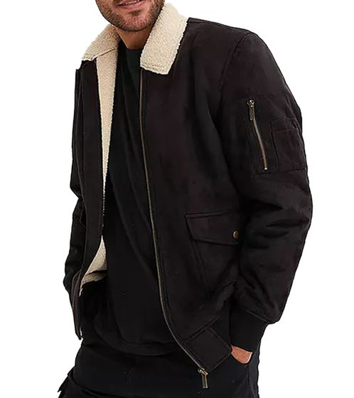 Sustainable men's faux leather pilot jacket, stylish bomber jacket with teddy collar, 952454 Black