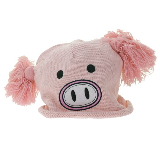 Schweinchen Mütze Teenager Beanie mit Bommeln und niedlichem Gesicht vorne BE170080PLW Rosa