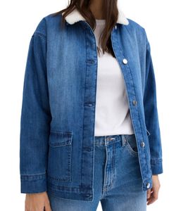 Oversized Jeans-Jacke für Damen mit weichem, abnehmbaren Teddy-Kragen Übergangs-Jacke 946445 Blau