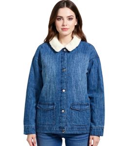 Chaqueta vaquera oversize para mujer con cuello de peluche suave y extraíble, chaqueta de entretiempo 946445 Azul Chaqueta vaquera oversize para mujer con cuello de peluche suave y extraíble, chaqueta de entretiempo 946445 Azul